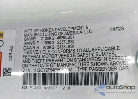 2023 Honda Accord Hybrid Sport from USA, damaged, VIN 1HGCY2F54PA030662